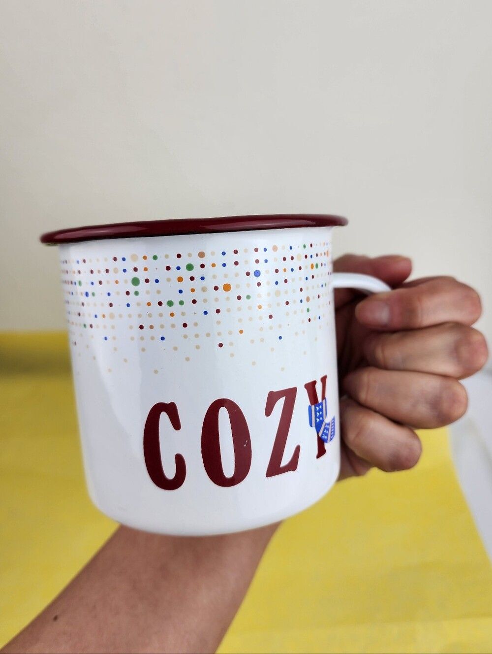 COZY White Enamel Mug with Burgundy Rim - Unbranded
